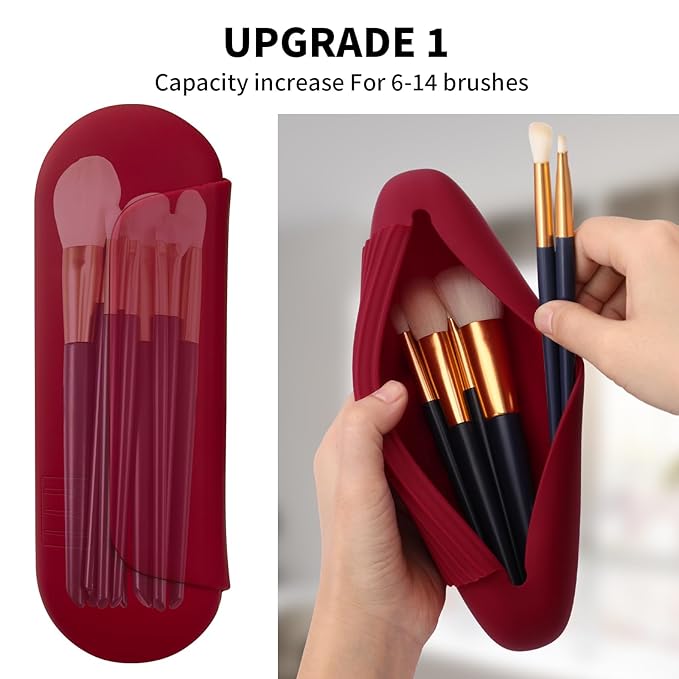 AGIKET 2 IN 1 Silicone Makeup Brush Holder with Beauty Make Up Sponge Holder Case：Soft Portable Cosmetic Face Brushes Holder with Upgrade Anti-Fall Out Magnetic Closure - Red