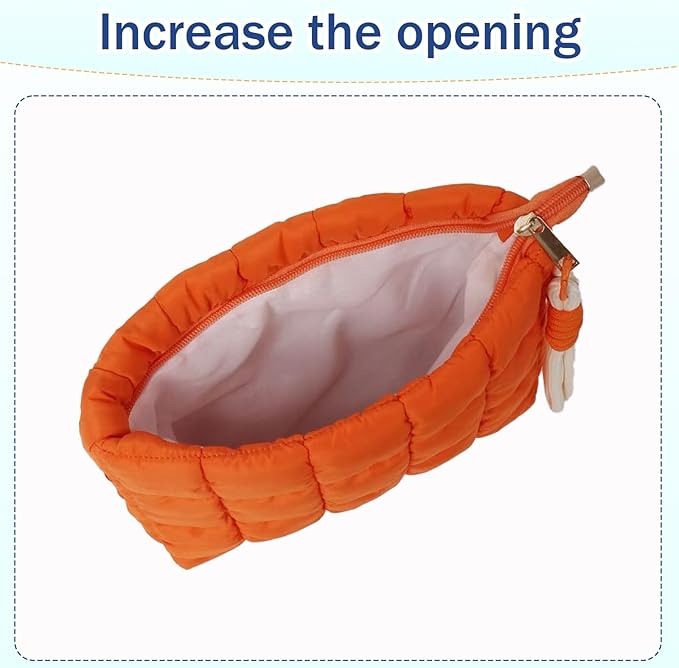 Puffy Quilted Makeup Bag Cosmetic Bag Equipped with a Detachable Handle Cute Zipper Pouch for Storage Clutch for Women(Orange)