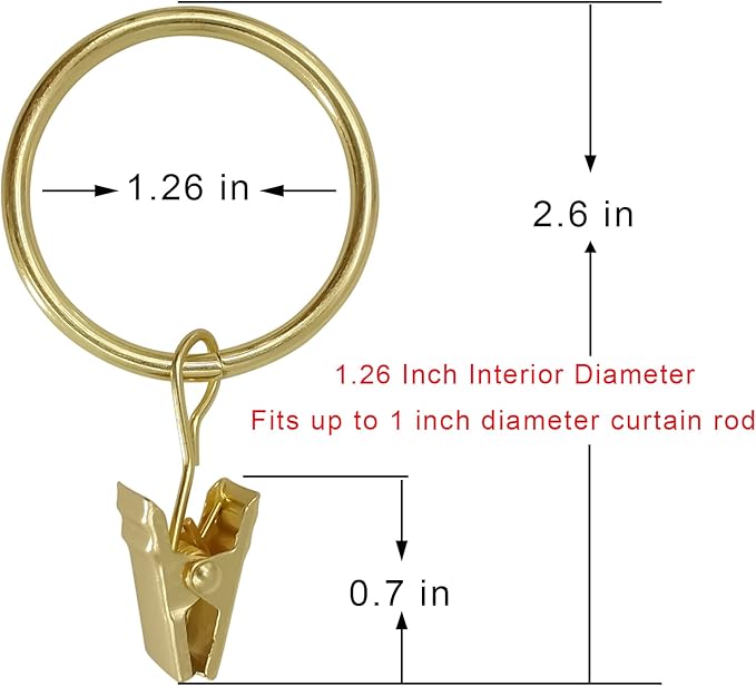 WeeksEight 100 Pack Gold Curtain Rings with Clips, Curtain Hooks Hangers Clip Rings for Hanging Drapes Bows Hat, Drapery Rings 1.26 in I D, Fits up to 1 in Diameter Curtain Rod.