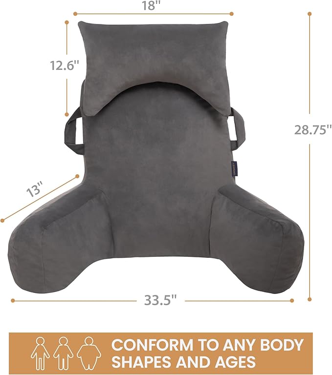 Portable Reading Pillows with Headrest for Bed Sitting Up(Light Grey Oeko-Tex), Velvet Back Pillow with Arms & Pockets for Adults, Support Memory Foam Bed Pillow for Dorm/Watching/Gaming