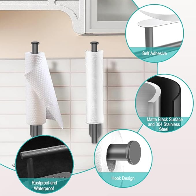 MGahyi Paper Towel Holder Wall Mount, Self Adhesive Or Drilling Paper Towel Holder Under Cabinet, 13.2 inch Stainless Steel Kitchen Paper Towel Roll Rack, Bathroom Towel Roll Hanger(Grey, Rectangle)