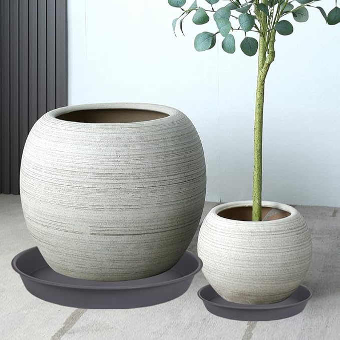 Bleuhome 4 Pack of 13 14 inch Plant Saucer (12.2 Inch Base), Heavy Duty Plastic Plant Drip Trays 14" Round, Plant Trays for Indoors, Bird Bath Bowls, Plate for Planter 12-14" (14 inch, Cement Gray)