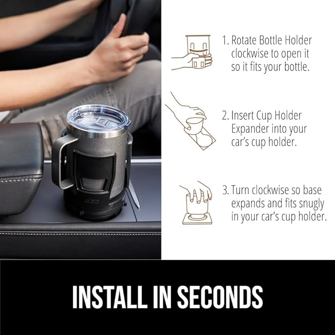GORILLA GRIP Patent Pending Car Cup Holder Expander, Keeps Large Drink Cups Secure, Expands Fits Yeti, HydroFlask, Stanley 18 to 48oz Large Water Bottles, Coffee Mug, Adjustable Insert, Onyx Black