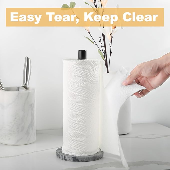 Koville African Marble Base Paper Towel Holder Countertop, Metal Rod 6" Marble Base Paper Towel Holder Stand for Kitchen Organization and Storage, Fit for Standard Size Rolls