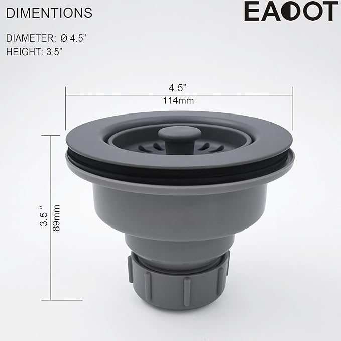 3-1/2 Inch Polymer Urban Gray Sink Drain Assembly with Basket Strainer and Stopper for Quartz, Granite or Fireclay Kitchen Sinks