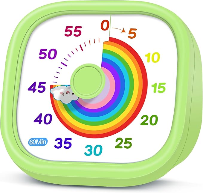 HIPPIH Visual Timer for Kids - 60 Minute Pomodoro Timers for Classroom Kitchen Office, Countdown Kids Timer Clock with Rainbow Disk, Desk Time Management Tool for Toddler with Silent Operation, Green
