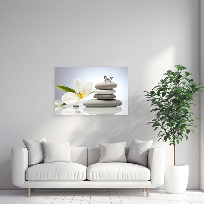 ARTZGX Zen Canvas Wall Art Spa Stones Picture Print Flower and Butterfly Painting Meditation Artwork Bathroom Yoga Decor Frame(Zen Flower - C 24.00" x 36.00")