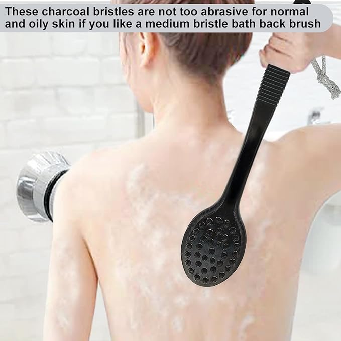 SUPERWASH PLUS Back Bath Brush - Curved Long Handle Shower Brush with Medium Stiff Charcoal Bristles for Cleaning and Exfoliating Body, Back Scrubber for Men & Women (Black 2 Pack)