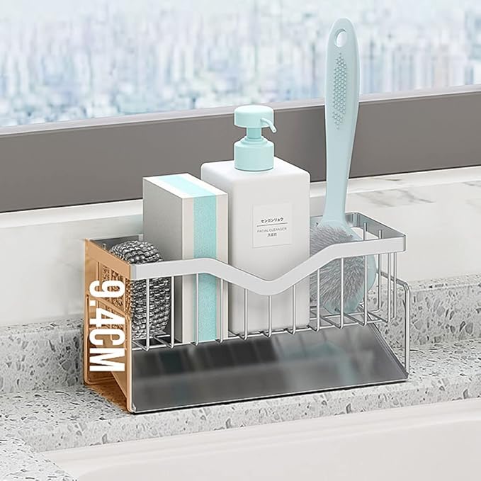 MINGFANITY Kitchen Sink Caddy Sponge Holder, Quick Draining, SUS 304 Stainless Steel Sponge Organizer, Basket for Cleaning and Scrub Tool, Kitchen Sink Brush Caddy Holder