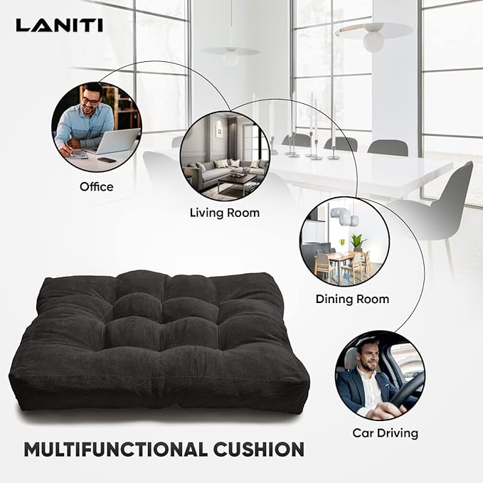LANITI 24” Inch Extra Large Floor Cushions Tufted Floor Pillow for Adults Square Meditation Ultimate Comfort Oversized Pillows for Floor Cushion (Black)