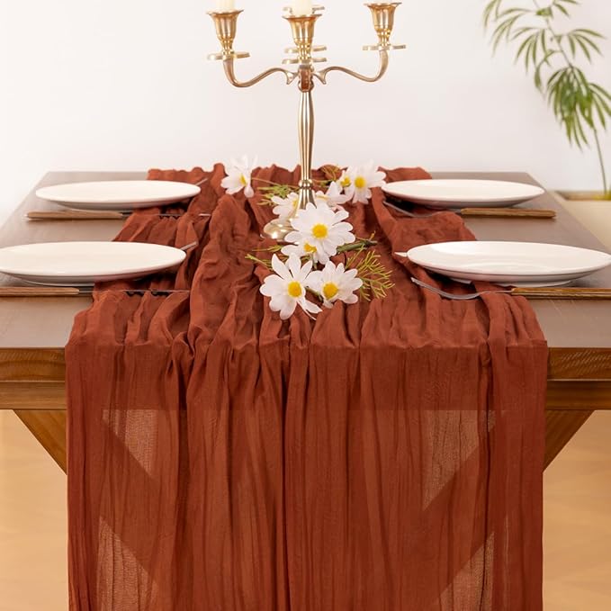 Socomi 6pcs Terracotta Summer Cheesecloth Table Runner Boho Rustic Gauze 120 inch 10FT Cheese Cloth Sheer Runner for Wedding Party Baby Shower Birthday Home Decor Holiday Decorations