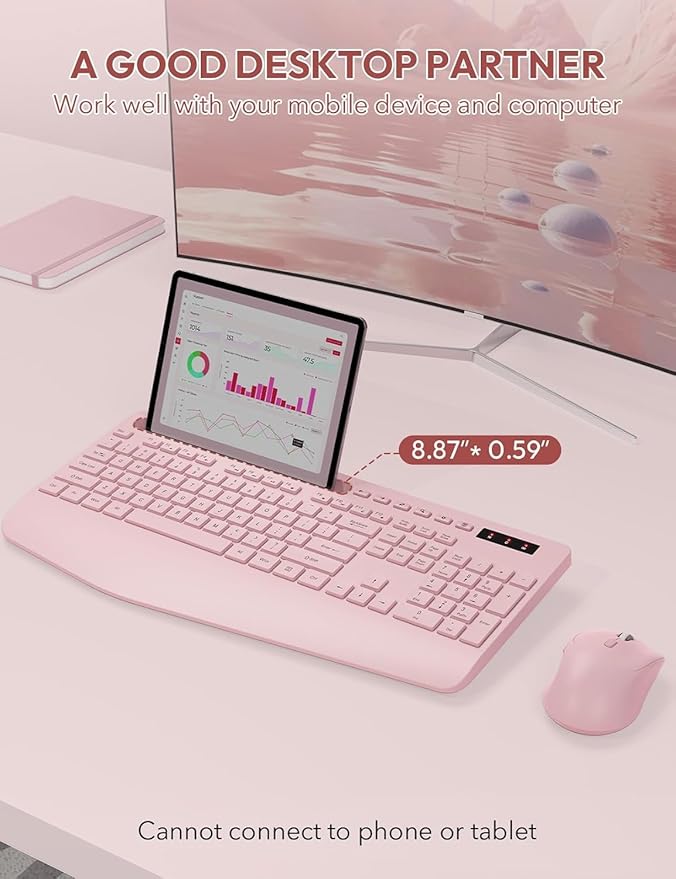 SABLUTE Wireless Keyboard and Mouse, Wrist Rest, Phone Holder, Batteries Included, 2.4G Lag-Free Ergonomic Keyboards Mouse Combo, Silent Keyboard Cordless Set for Computer, Laptop, PC, Windows, Pink