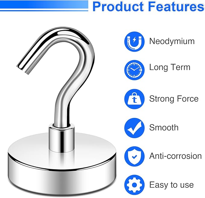 DIYMAG Magnetic Hooks Heavy Duty, 85 LBS Neodymium Magnet Hooks for Cabins, Kitchen, Workplace, Office, Garage and Indoor Hanging, Silver, Pack of 6