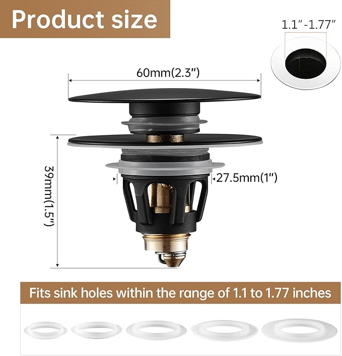 Fransiton Universal Bathroom Sink Drain Stopper, Big-Cap Pop-up Drain Fits 1.1" -1.77" Lavatory Vanity RV Sink, Anti-Clogging Drain Plug with Detachable Hair Catcher Matte Black