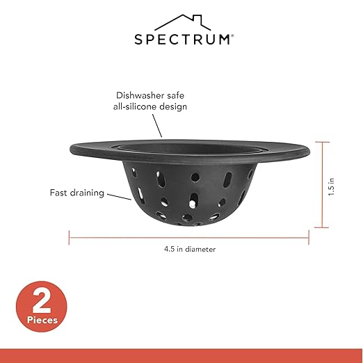 Spectrum Silicone Sink Strainer 2-Pack - Flexible Kitchen Sink Drain Strainer, Fits Standard Sinks, Drain Guard Catch Food Debris for Sink Protection, Easy Removal, Dishwasher Safe, Black