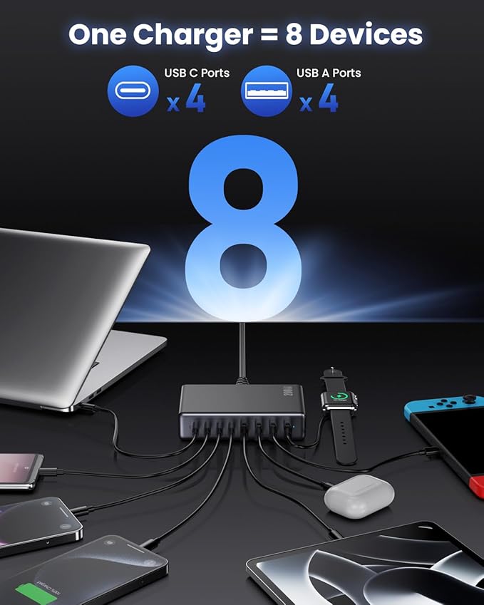 200W USB C Charger Block,GaN IV Charging Station 8 Ports,QC4.0 Fast Charging Station Hub+PD 65W USB C Laptop Charger Adapter Compatible with MacBook Air/Pro,DELL,iPhone 17/16/15,iPad,Steam Deck-Black