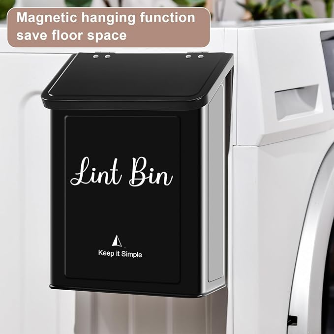 SUBEKYU Metal Magnetic Lint Bin for Laundry Room, Wall Mounted Lint Box Holder Trash Can with Lid for Dryer, Black