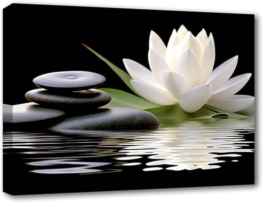 LZIMU Zen Canvas Wall Art White Lotus and Black Zen Stones Bloom in Water Picture Prints for Yoga Spa Meditation Spiritual Room Bathroom Decor (Zen-1, 16"x24")