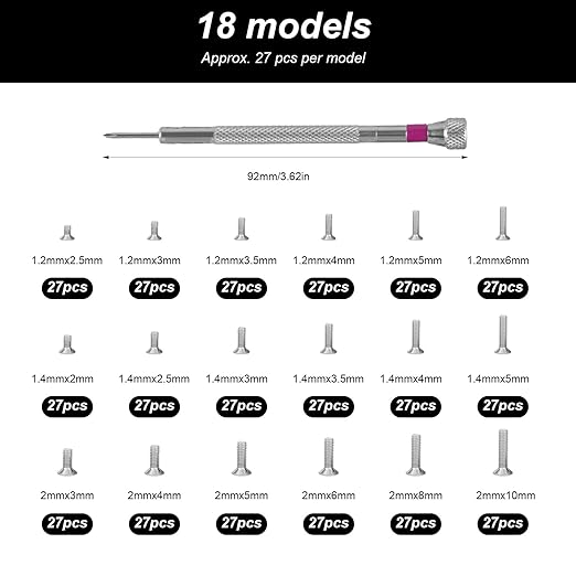 500-Pack M1.2/M1.4/M2 Self-Tapping Micro Screws - Universal Multi-Purpose Repair Kit for Eyewear, Watches, Laptops & Electronics