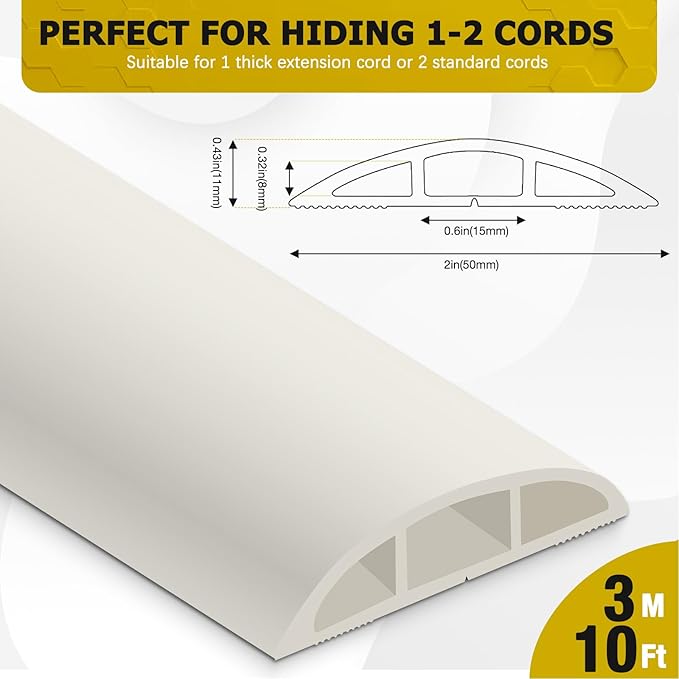 JAHOMFAI Floor Cord Cover 10FT Cord Covers for Wires on Floor Protect Wires & Prevent Trip Hazards, Easy to Cut for Home, Office, School, Concerts, Cavity W0.6in x H0.32in