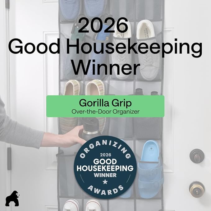 GORILLA GRIP Over the Door Shoe Organizer, 24 Large Breathable Mesh Pockets, Space Saving Hanging Storage Holder, Closet Rack Hanger Holds Up to 40 lbs, Hangs on Closets for Shoes, Accessories, Grey