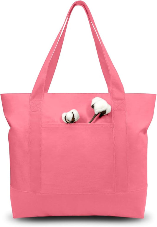 TOPDesign 3-Pack Canvas Tote Bags with an External Pocket, Reusable Grocery Shopping Bags, Top Zipper Closure, Daily Essentials (Rose Pink)