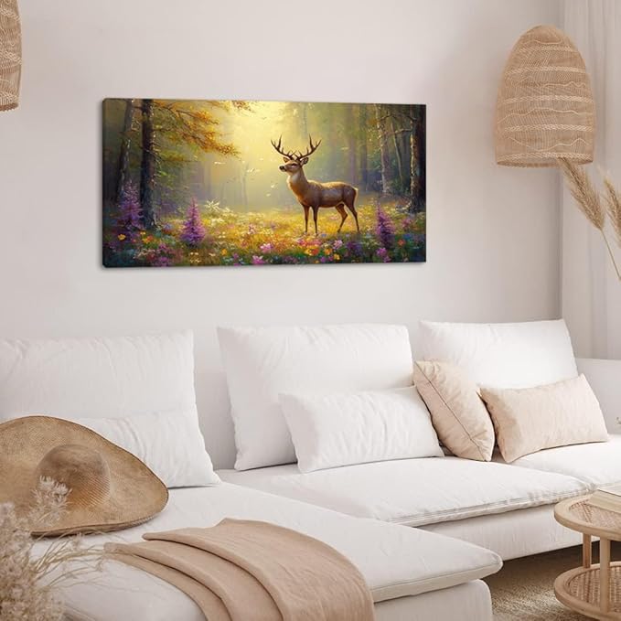ZESTRILIA Pretty Deer Forest Wall Art for Living Room Office Gold Mustard Yellow Wildlife Wildflower Canvas Painting Prints Spring Wild Life Artwork Girls Bedroom Decor (30x16 Inches)