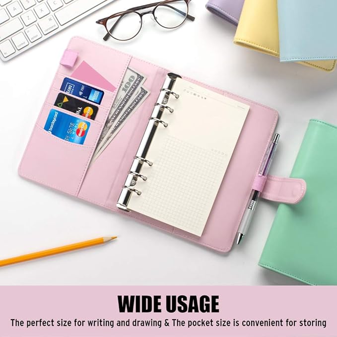 Sooez A6 Notebook Binder, 6 Ring Planner with Stylish Design, Loose Leaf Personal Organizer Binder Cover with Magnetic Buckle Closure, PU Leather Binder for Women with Soft Colors, 7.48"x5.2"