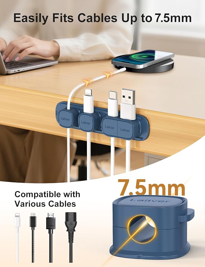 6 Pack Magnetic Cable Clips [1s Open/Lock], Laitver Cord Organizer Holder Strong Adhesive Desk Cable Management- Organize Charging Cords Neatly for Home, Office, Car,Desk, Nightstand-Porcelain Blue