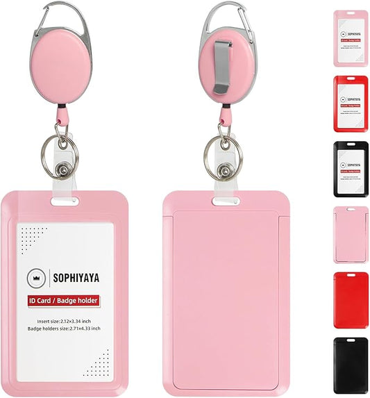 ID Badge Holder with Clip Badge Reels Retractable Heavy Duty Id Card with Carabiner Badge Reel with 24 inches Pull Cord for Office, School, Factory, Teacher (Pink, Vertical)