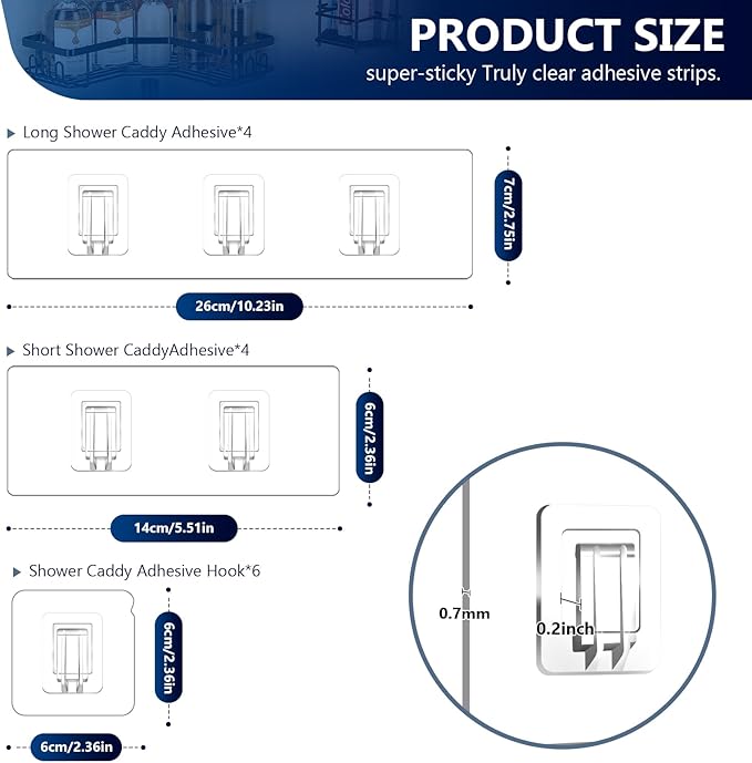 14 Pack Shower Caddy Adhesive Replacement, Strong Waterproof Strips, No Drilling Flat Hooks for Bathroom Storage Shelves and Kitchen Racks (Clear 3 Hooks & 2 Hooks & 1 Hook)