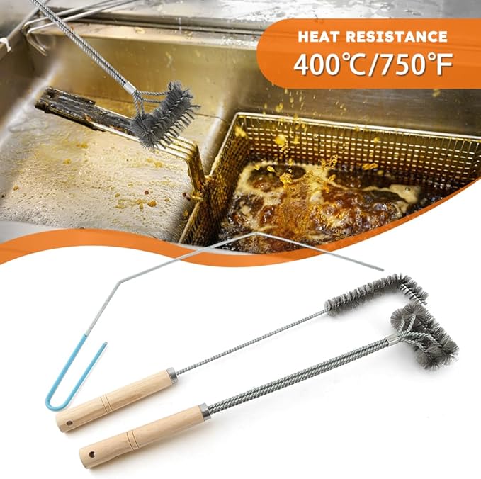 3PCS Brass Bristles Fryer Cleaning Tools L Shaped Fryer Cleaning Brush Long Handle Fryer Basket Cleaning Brush,Deep Fryer Cleanout Rod,Bristles for Grill BBQ Cleaning