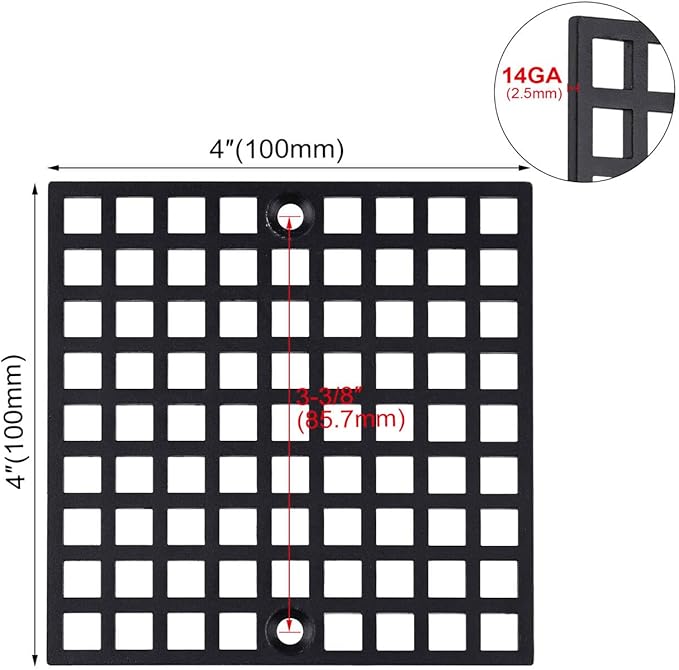 4" Matte Black Shower Drain Cover, 304 Stainless Steel Square Floor Drain Cover Replacement, Drain Strainer and Hair Catcher for Showers, Bathrooms, and Sinks