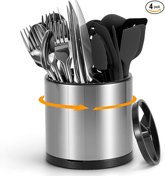 360° Rotating Kitchen Silverware Caddy, Stainless Steel Utensil Holder for party Counter with 3 Compartments, Cooking Flatware Organizer Spoon Spatula Tool Cutlery Container (Silvery, Medium)