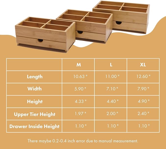GOBAM Bamboo Makeup Organizer and Storage with Drawer, Wooden Cosmetic Organizer Countertop for Bathroom, Bedroom, Kitchen & Dresser, Desk Organizer with Drawers and Makeup Vanity Station - Medium
