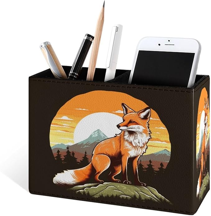Famame Fox Animal Sunrise Pencil Holder for Desk, Leather Desktop Container Pen Cup Storage Study Table Pen Organizer Makeup Brush Holder for Classroom Office Home