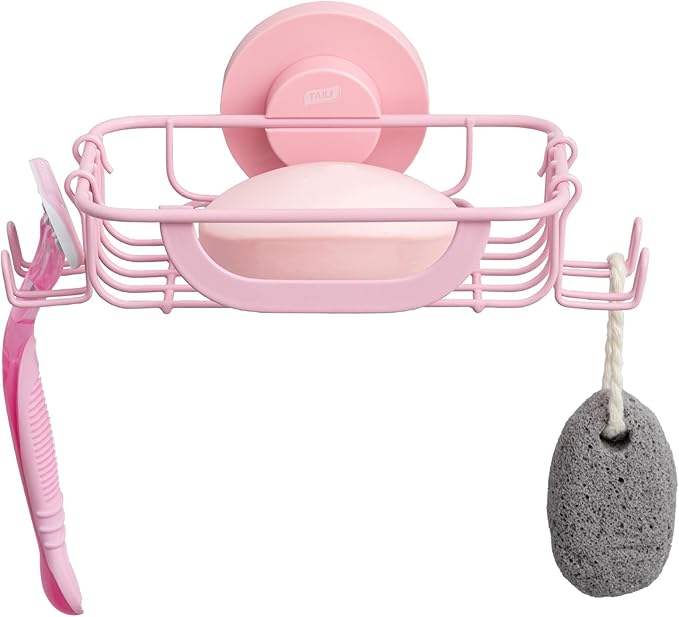 TAILI Soap Bar Holder Dish with Hooks, Shower Soap Tray Saver Suction Cup with Razor Holder for Wall, Rustproof Stainless Steel Bath Shampoo Caddy for Bathroom Accessories Organizer, Pink