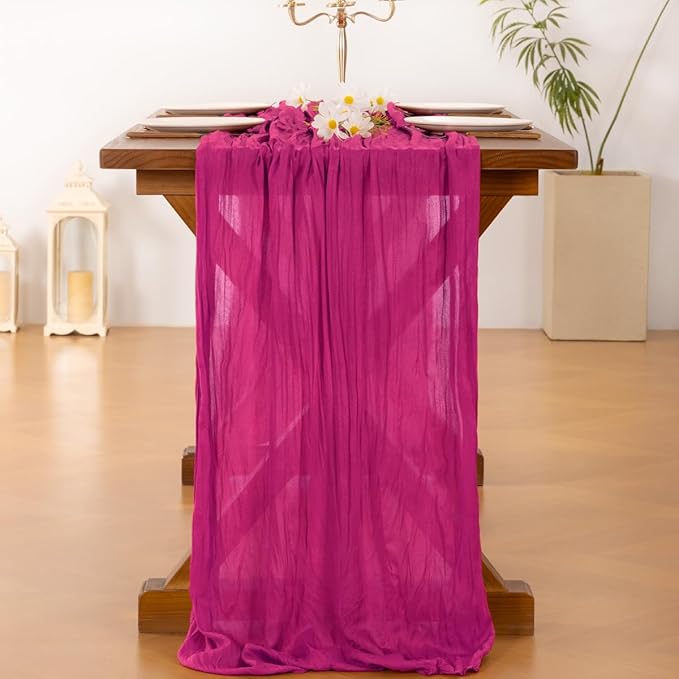 Socomi 3pcs Hot Pink Summer Cheesecloth Table Runner Boho Rustic Gauze 120 inch 10FT Cheese Cloth Sheer Runner for Wedding Party Baby Shower Birthday Home Decor