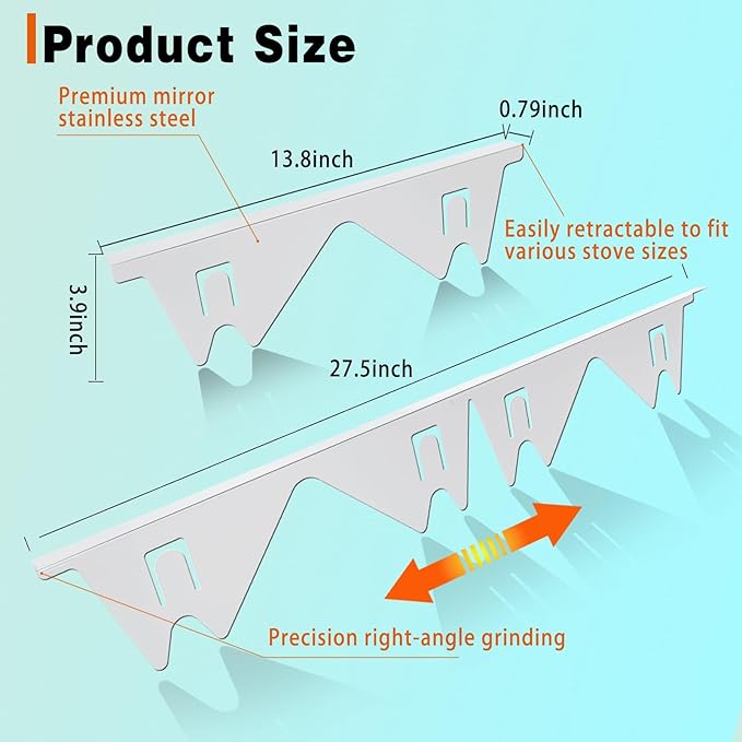 Stove Gap Covers Stainless Steel, 2 Pack Stove Gap Filler Easy Retractable Length 13.8" to 27.5", Width 0.79" ALMCALS Stove Gap Guards Range Trim Kit, Heat Resistant Guard Between Stove Top & Counter