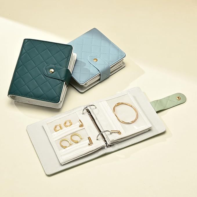 Oirlv Mini Travel Jewelry Organizer Case Portable Jewelry Book with Velvet Pouches for Jewelry Travel Essentials (Blue-Green)