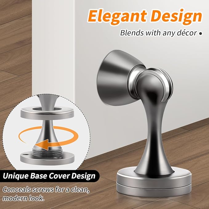 KOLAKO Door Stops, Magnetic Door Stoppers for Bottom of Door, Brushed Stainless, Heavy Duty Magnet Door Stop Floor Wall Mount Soft Catch Door Holder Magnetic Doorstop with Screw, 2 Pack
