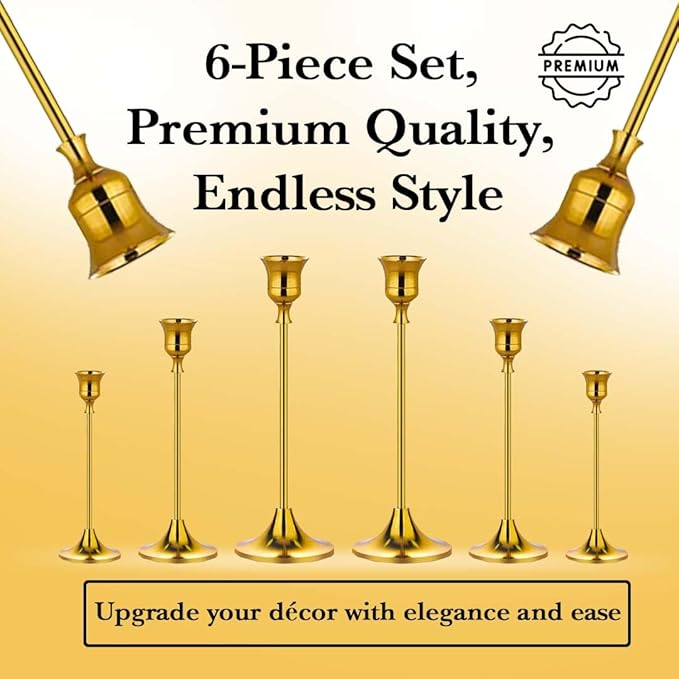 Gold Candlestick Holders Set of 6 – Decorative Taper Candle Holders for Home Decor, Weddings, Parties – Elegant Metal Candle Stands with Brushed Finish – Easy Assembly – Fits Standard & LED Candles