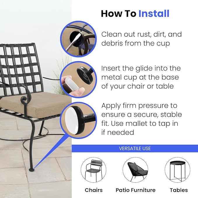 1-1/4" Deluxe Wrought Iron Patio Furniture Feet Glides, Round Plastic Chair Leg Caps, Floor Protector for Chairs, Pack of 25, White