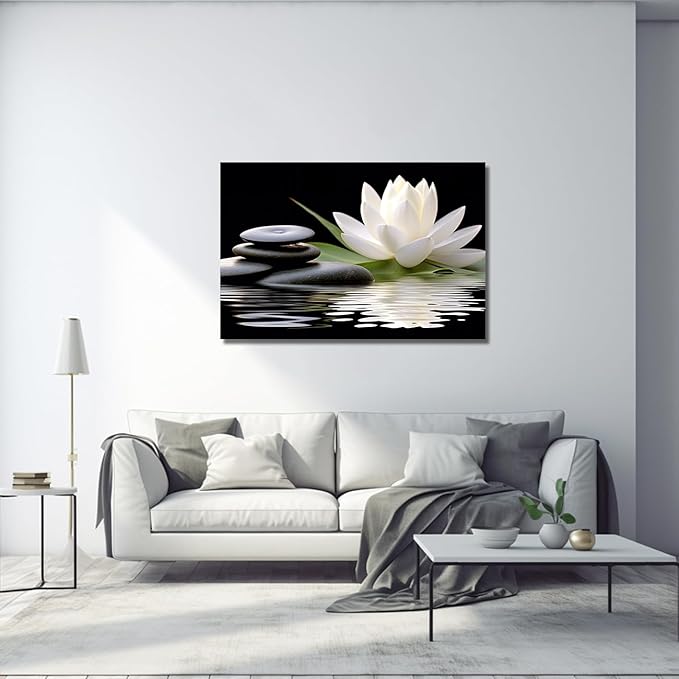 LZIMU Zen Canvas Wall Art White Lotus and Black Zen Stones Bloom in Water Picture Prints for Yoga Spa Meditation Spiritual Room Bathroom Decor (Zen-1, 12"x18")