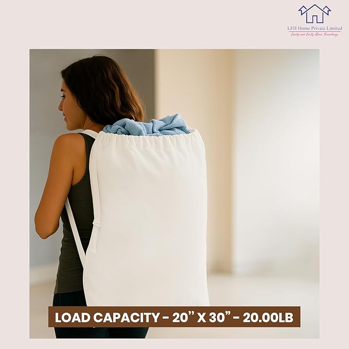 LFH Home Cotton Canvas Large Laundry Bag with Handle, Heavy Duty Drawstring Closure Washable Laundry Bags, School Travel, Home, Hotel, College Dorm, Organizer Sack, Toy Clothes 28x40 (Pack of 2)-White