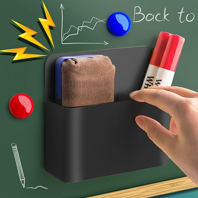 4-in-1 Magnetic Marker Holder - Dry Erase Marker, Pen Holder, Wall Mount, Self-Adhesive for Whiteboard, Fridge, Home Office, School (Black)