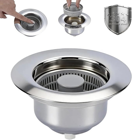 Sink Drain Strainer - Kitchen Sink Stopper, 3 in 1 Kitchen Sink Drain Strainer with Anti-Clogging Basket, Fit US Standard 3-1/2'' Sink Hole