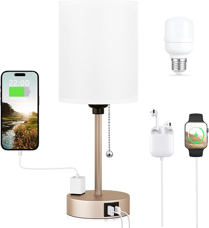 Small Bedside Table lamp for Bedroom - 3 Color Temperatures Bedside Lamps with USB C and A Ports, Pull Chain Table Lamps with AC Outlet, Gold Nightstand Lamps with White Shade for Kids Reading