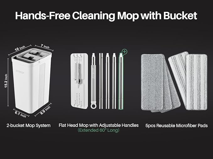JOYMOOP Mop and Bucket Set, Flat Mops for Household & Commercial Floor Cleaning, Wet Dry Mops for Walls & Hardwood Floors, Wall Cleaner with Long Handle, Includes 5 Microfiber Pads