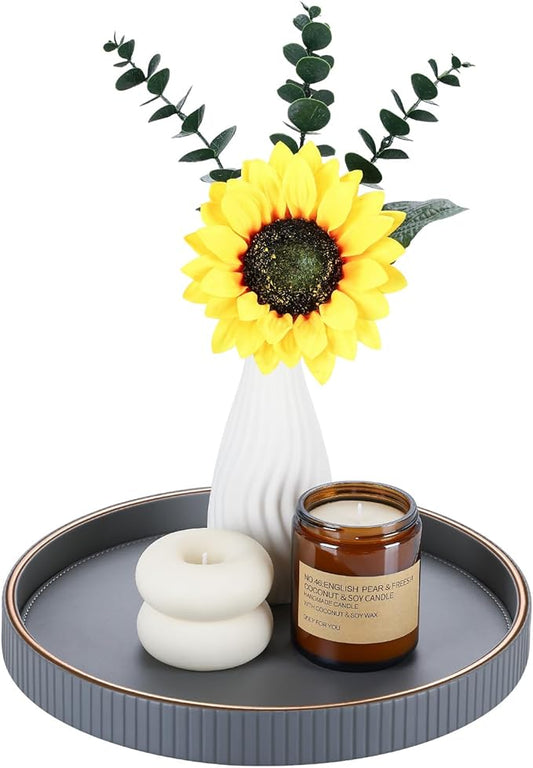 GORESE Round Coffee Table Tray for Home Decor, 12" PU Leather Decorative Serving Trays Table Centerpiece for Kitchen Island, Perfume Trinket Trays for Dresser, Ottoman Tray Nightstand Organizer, Gray